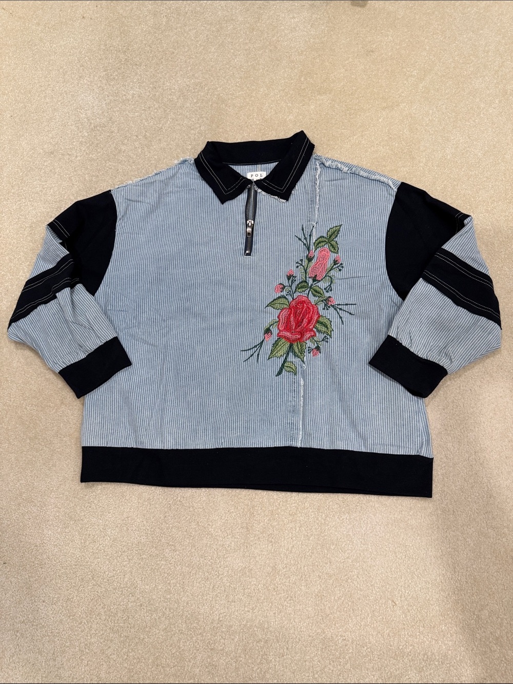 Striped Polo Denim-like Striped Top with Rose Embroidery